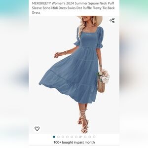 MEROKEETY Blue Swiss Dot Puff Sleeve Midi Dress